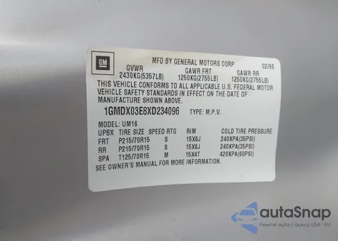 1999 Pontiac Montana из США, поврежденный, VIN 1GMDX03E8XD234096